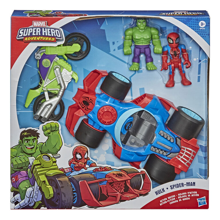 Marvel Playskool Heroes Super Hero Adventures, Bolides d'action, avec véhicules, Spider-Man et Hulk