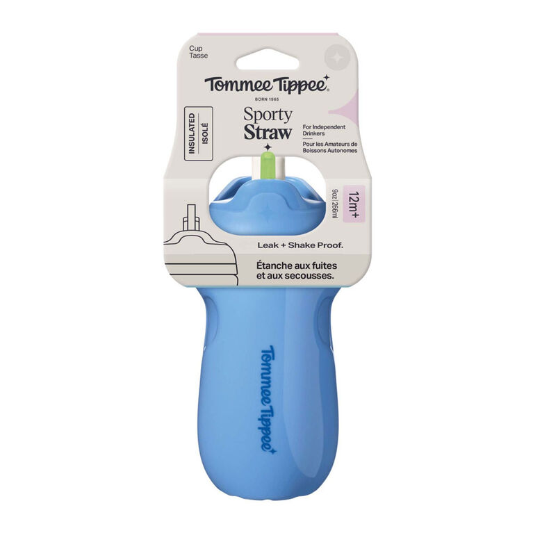 Tommee Tippee Sporty Botella con Pajita, 9oz, 12 Meses+, Tapa abatible que ayuda a mantener limpia la pajita, Colores surtidos, 1 unidad