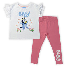 Bluey 2 Piece Short Sleeve Top & Legging Set - White/Pink 