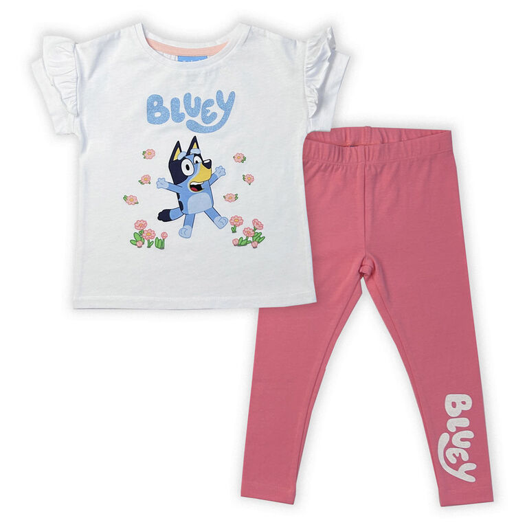 Bluey 2 Piece Short Sleeve Top & Legging Set - White/Pink 2T