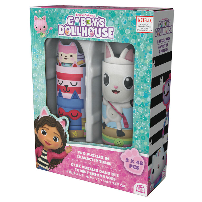 Gabby's Dollhouse, Coffret de 2 puzzles de 48 pièces avec tubes de rangement représentant les personnages, jouets Gabby's Dollhouse, puzzles pour enfants