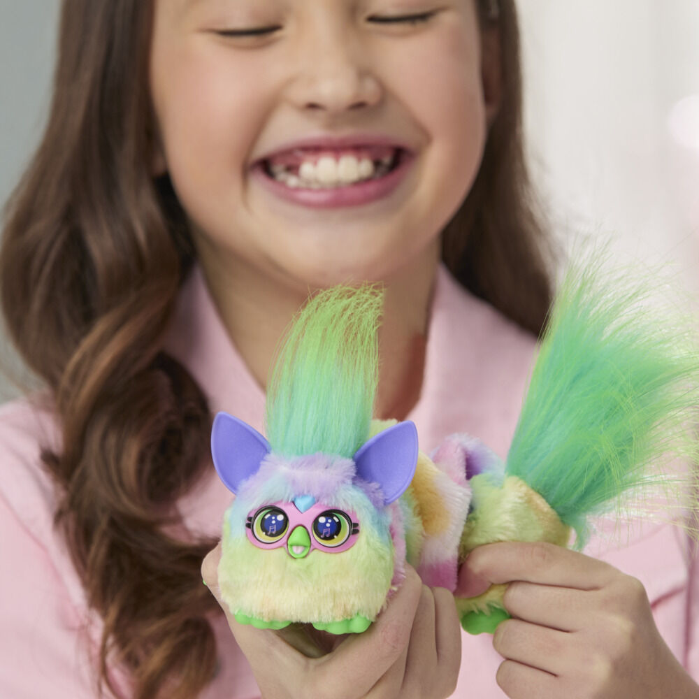 Furby DJ Furblets Can-Dee-Swirl Mini Electronic Plush Toy with Funny Stretchable Sound Effects & Music, Speaks Furbish, Pink, Blue & Purple