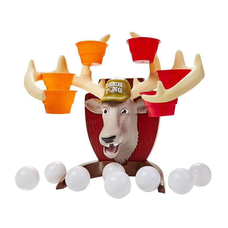 Deer Pong avec tête de chevreuil parlante et musique, inclut 6 gobelets et 6 balles (Version française)