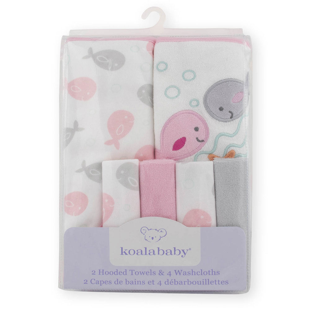 Koala Baby 2 Pack Hooded Towel 4 Pack Washcoth Set Pink Whales