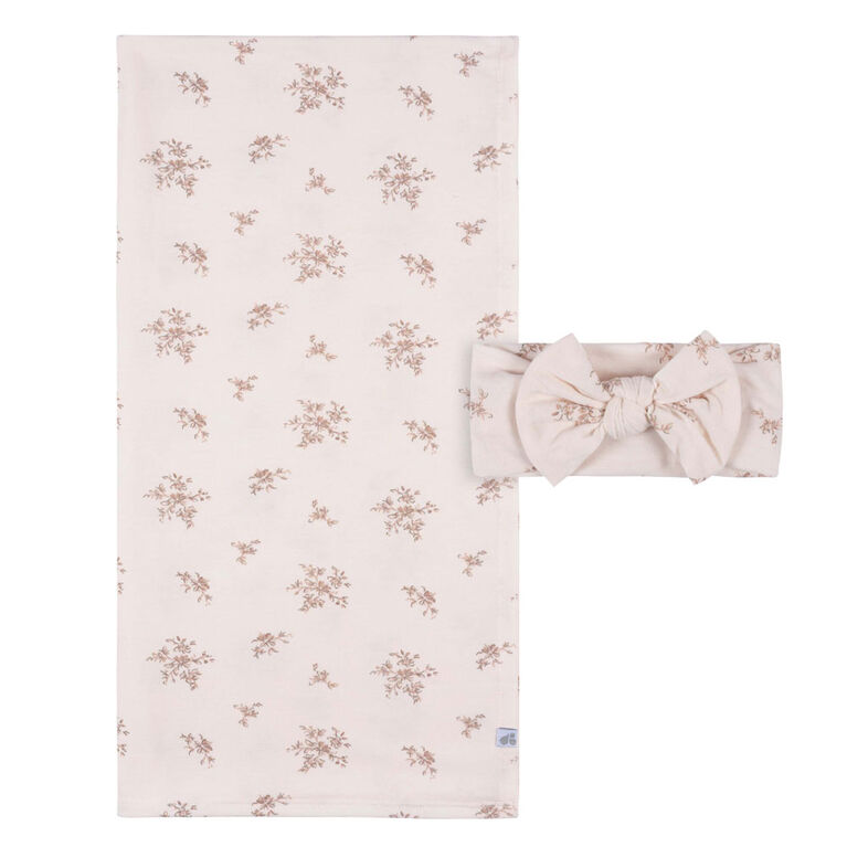 Just Born  - 2 piece Swaddle Blanket+Headband Pink Floral