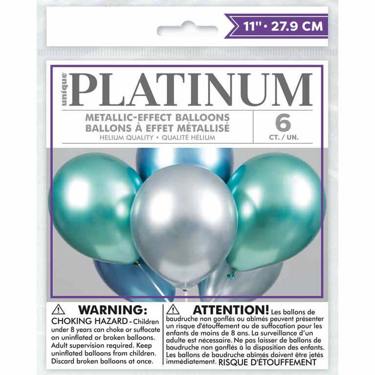 6 Blue Green Silver Platin 11" Latex Balloons