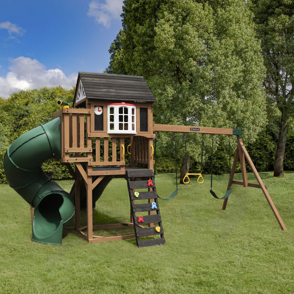 KidKraft Timberlake Wooden Swing Set Playset with 3 Slides 3 Swings and Clubhouse