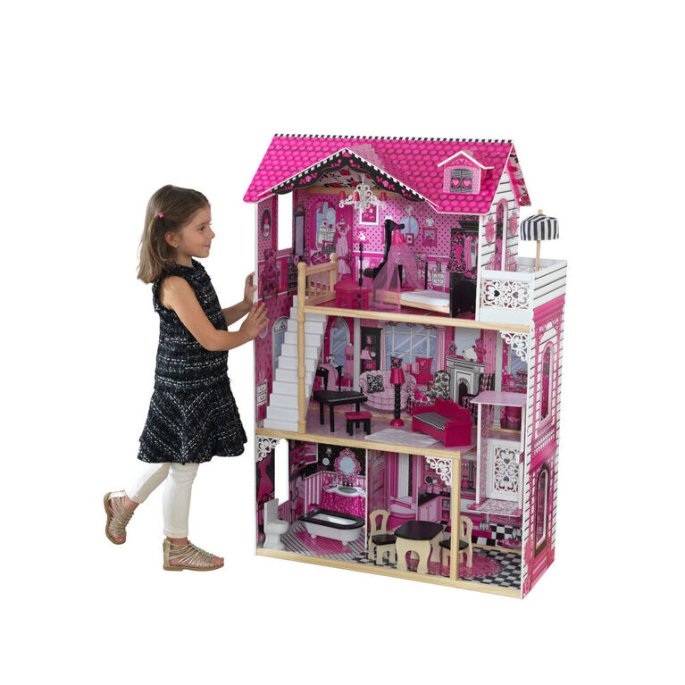 KidKraft Amelia Wooden Dollhouse with Elevator, Balcony and 15-Piece  Accessories, Pink, Gift for Ages 3+