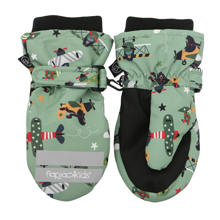 FlapJackKids - Mitaines de ski déperlantes pour tout-petits, enfants, garçons - Poignets côtelés - Ours noir / Vert - Moyen 2-4 ans