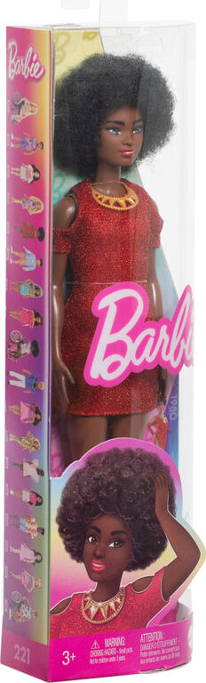 Barbie Fashionistas Doll #221 with Natural Black Hair, Red Dress & Accessories, 65th Anniversary