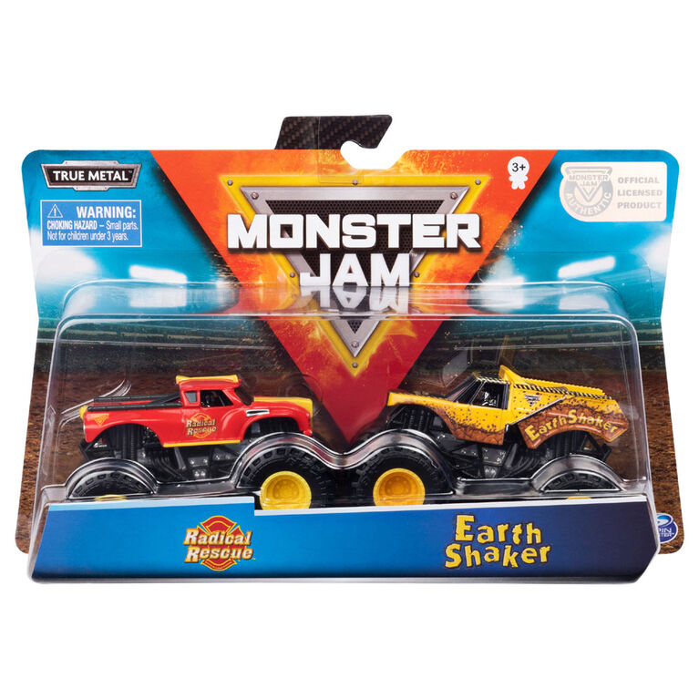 Monster Jam, Coffret de 2 véhicules authentiques Radical Rescue vs Earth Shaker, Monster trucks en métal moulé à l'échelle 1:64.