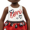 Barbie Chelsea Doll Wearing Skirt with Heart-Print and Metallic Shoes