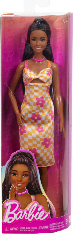 Barbie Fashionistas Doll #233 in Checkered Flower Midi Dress, Black Hair