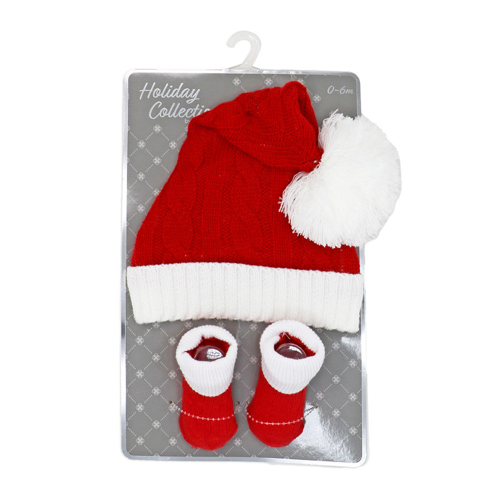 Baby Mode Red Santa Knit Hat & Bootie Set 0-6M