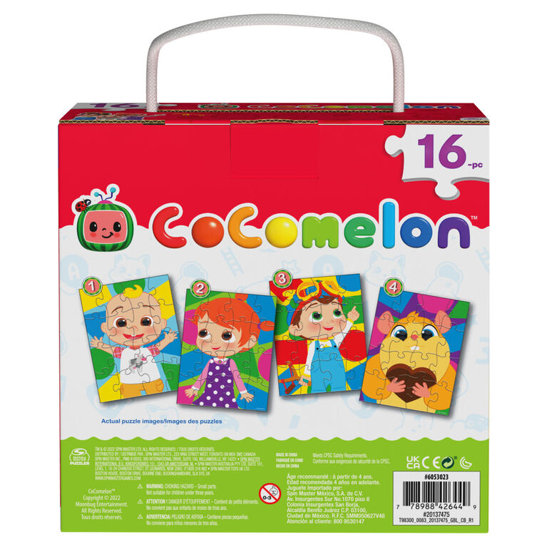 CoComelon, Coffret de 4 puzzles de 16 pièces faciles à assembler, JJ et ses amis, Série YouTube et Netflix, avec boîte cadeau portable à poignée en corde
