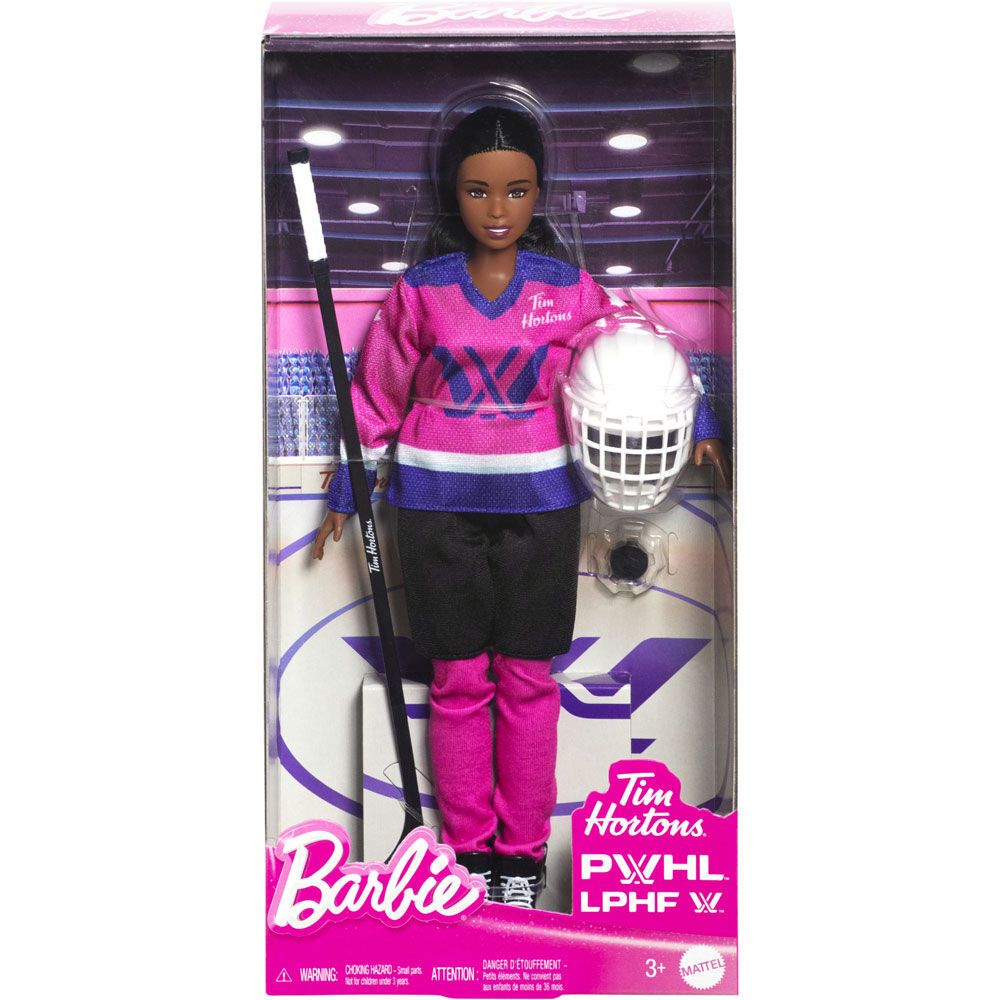 Barbie Tim Hortons PWHL Fashion Doll in Pink, Purple, & Teal Hockey Jersey