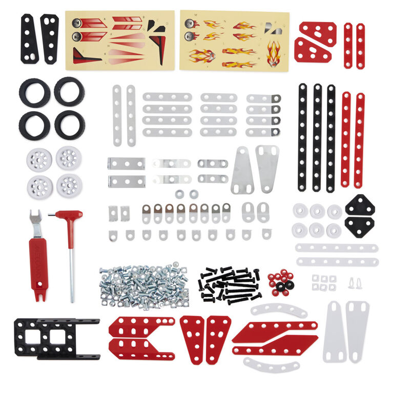 Meccano, Kit de construction STEM, Véhicules de course 10 en 1 avec 225 pièces et de vrais outils