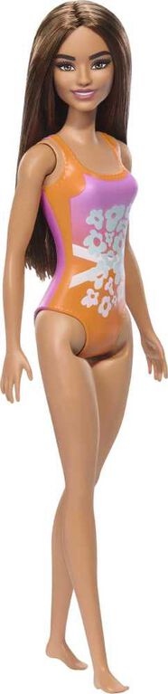 Barbie - Poupée Plage - Cheveux brun clair, maillot rose et orange