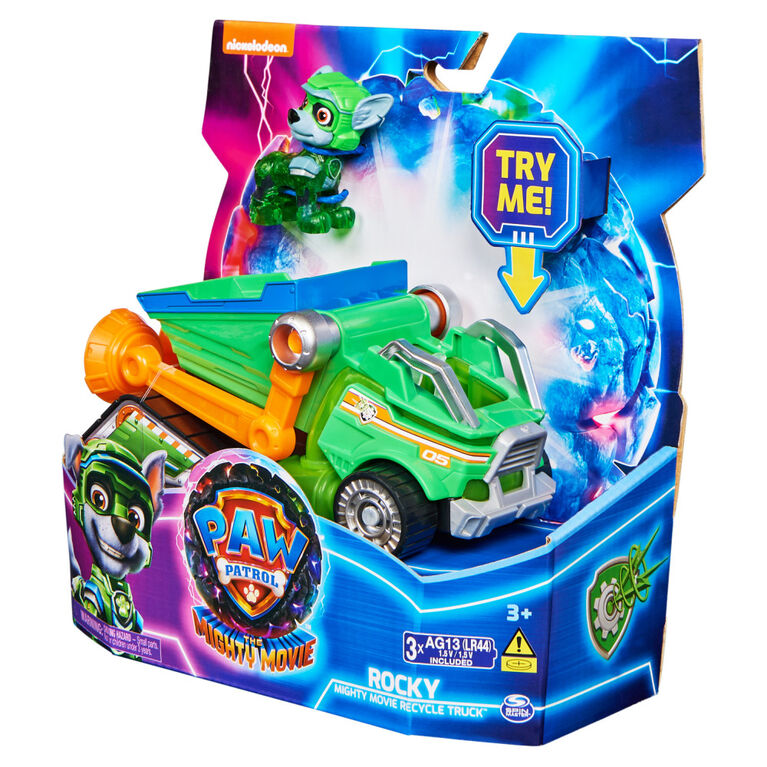 PAW Patrol: The Mighty Movie, Toy Garbage Truck Recycler with Rocky Mighty Pups Action Figure, Lights and Sounds