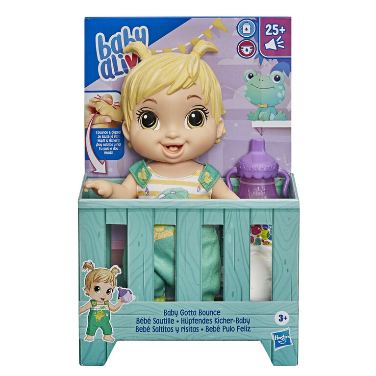 Baby Alive Baby Gotta Bounce Doll, Frog Outfit, Bounces with 25+ SFX and Giggles, Drinks and Wets