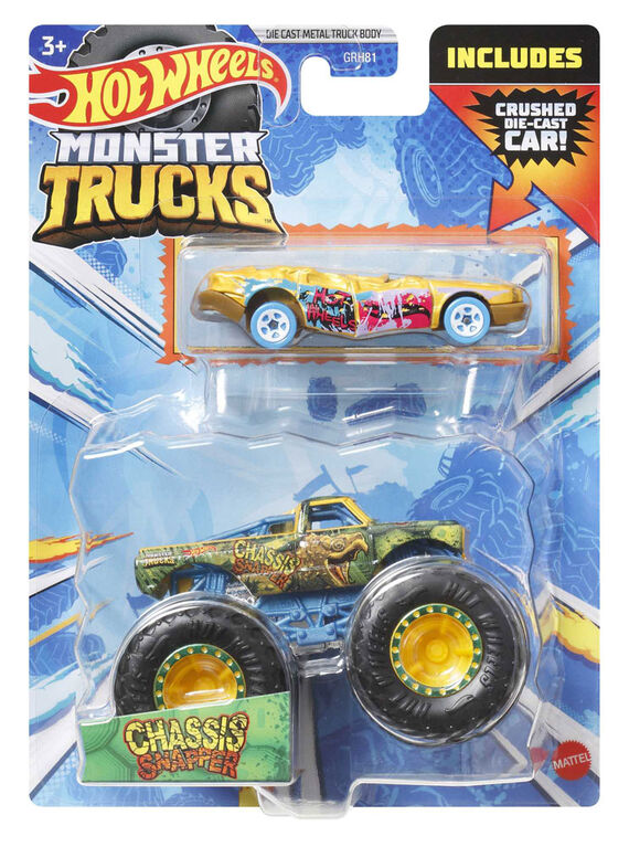 Hot Wheels Monster Trucks 1:64 Scale Vehicles 2 Pack; 1 Die-Cast Truck and 1 Car