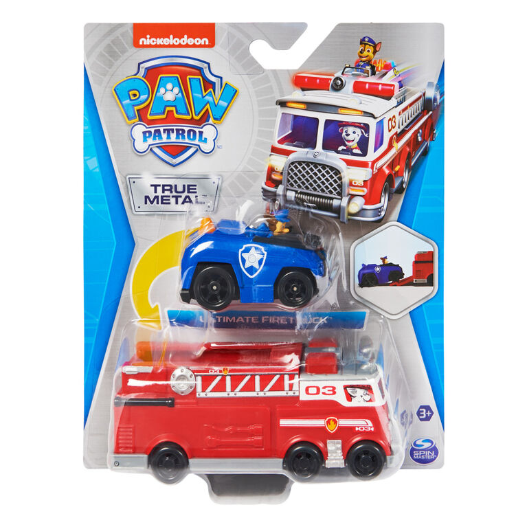 PAW Patrol, True Metal Camion de pompier d'équipe en métal moulé avec voiture de Chase à l'échelle 1:55