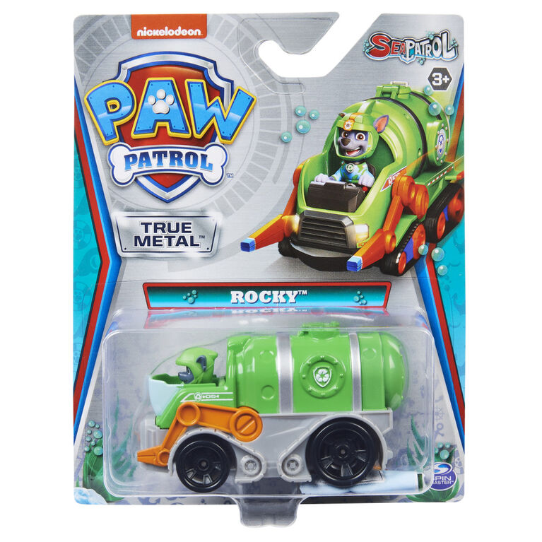 PAW Patrol, Véhicule Rocky en métal moulé True Metal à collectionner, Série Pat'Patrouille des mers à l'échelle 1:55