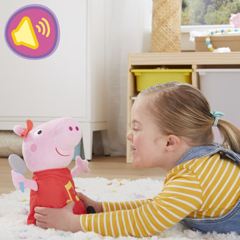 Peppa Pig Oink-Along Songs Peppa Singing Plush Doll with Sparkly Red Dress and Bow, Sings 3 Songs - French Edition