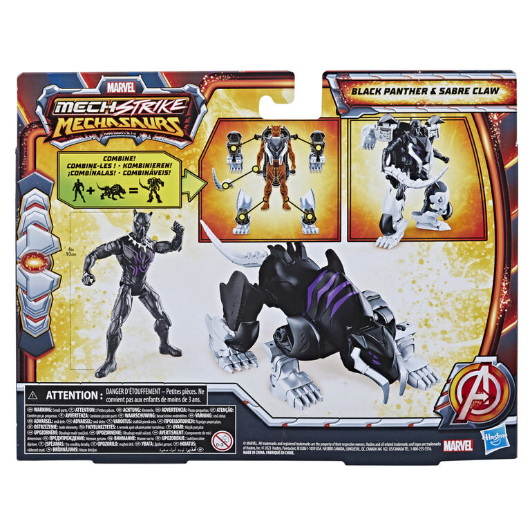 Marvel Mech Strike Mechasaurs 4 Inch Black Panther with Sabre Claw Mechasaur Action Figures, Super Hero Toys