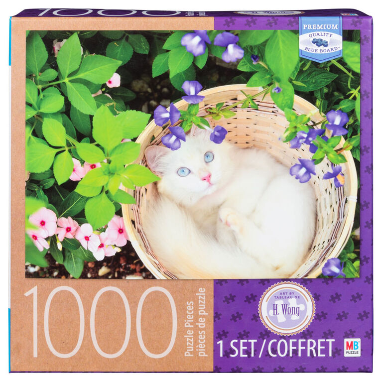 Artist H Wong - 1000 Piece Adult Jigsaw Puzzle - Kitten in a Basket