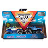 Monster Jam, Coffret de 2 véhicules authentiques Blue Thunder vs Storm Damage, Monster trucks en métal moulé à l'échelle 1:64