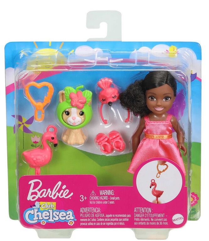 Barbie Club Chelsea Dress-Up Doll in Flamingo Costume, 6-inch Brunette with Pet Kitten and Accessories