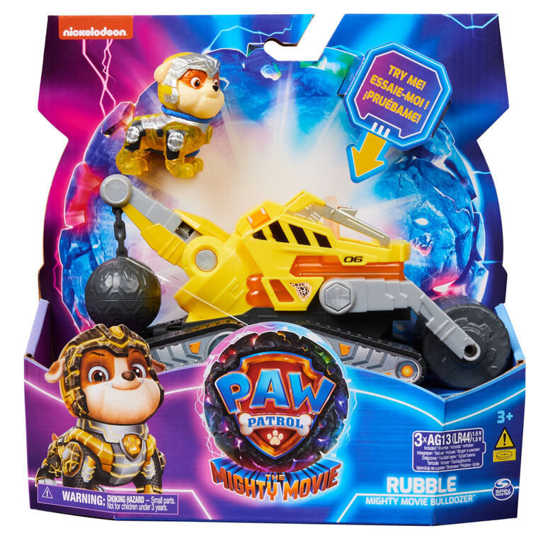 PAW Patrol: The Mighty Movie, Construction Toy Truck with Rubble Mighty Pups Action Figure, Lights and Sounds