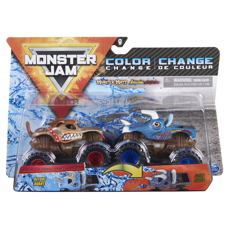 Monster Jam, Official Monster Mutt Vs. Jurassic Attack Color-Changing Die-Cast Monster Trucks, 1:64 Scale