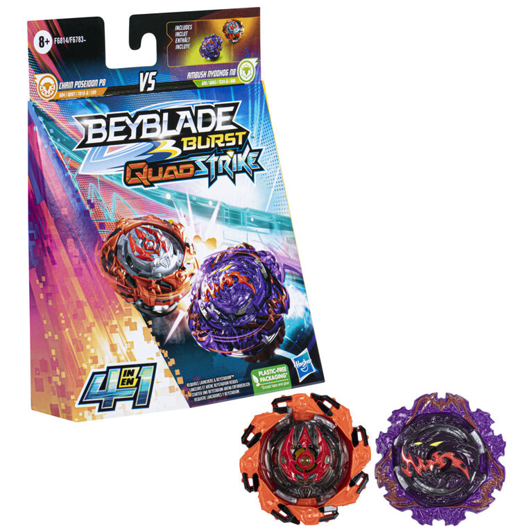 Beyblade Burst QuadStrike Ambush Nyddhog N8 and Chain Poseidon P8 Spinning Top Dual Pack, 2 Battling Game Top Toy