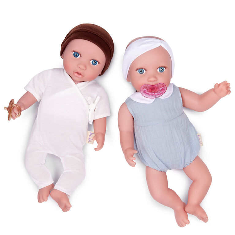 Babi Twin Dolls - Blue Eyes, White Headband and Brown Hat 14-inch Baby Boy and Girl Doll Twins