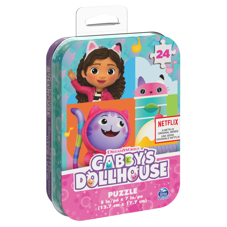 Gabby's Dollhouse, Puzzle de 24 pièces, animaux de dessin animé Pandy, Cakey, DJ Catnip, série originale Netflix, avec boîte en métal