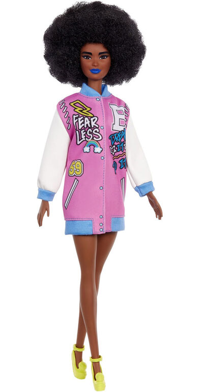Barbie Fashionistas Doll with Brunette Afro & Blue Lips Wearing Graphic Coat Dress & Yellow Shoes