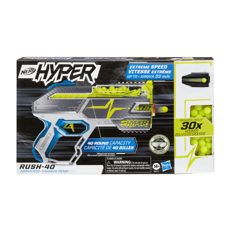 Nerf Hyper Rush-40 Pump-Action Blaster -- Includes 30 Nerf Hyper Rounds, Up To 110 FPS Velocity, Easy Reload, Holds Up to 40 Rounds