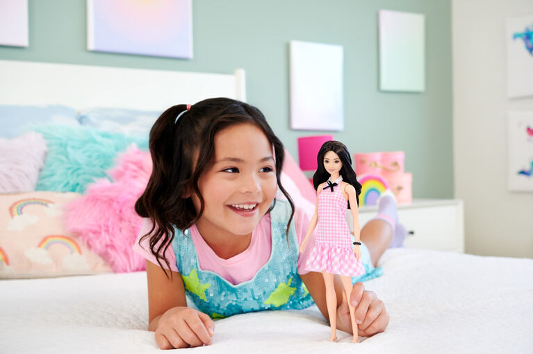 Barbie Fashionistas Doll #224 with Black Hair, Pink Gingham Dress & Accessories, 65th Anniversary