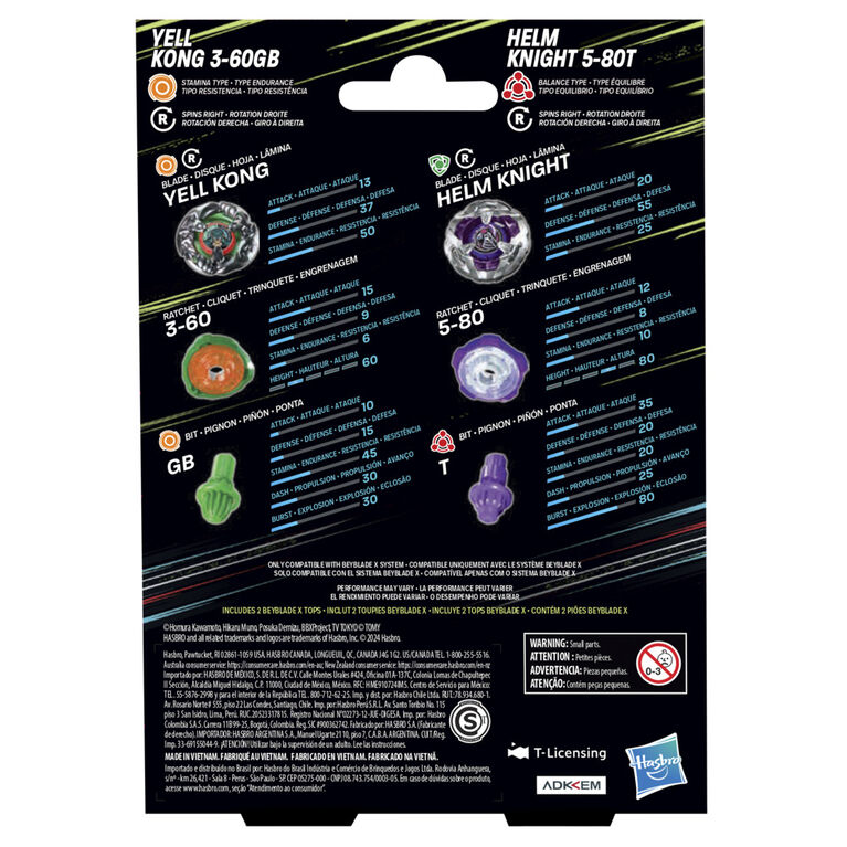 Beyblade X Yell Kong 3-60GB and Helm Knight 5-80T Top Dual Pack Set