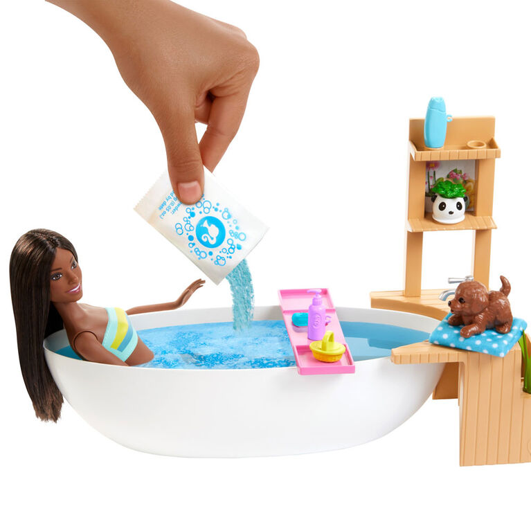 Barbie Fizzy Bath Doll and Playset, Brunette, with Tub, Puppy & More