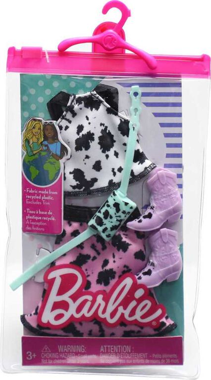 Barbie Fashion Pack of Doll Clothes, Complete Look Set with Cow-Print Top and Skirt, Plus Accessories