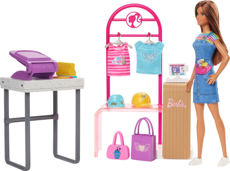 Barbie Make and Sell Boutique Playset with Brunette Doll, Foil Design  Tools, Clothes and Accessories