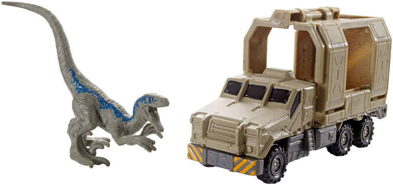 Matchbox - Jurassic World - Transporteurs de dinosaures - Véhicule et figurine - Camion blindé et Raptor.