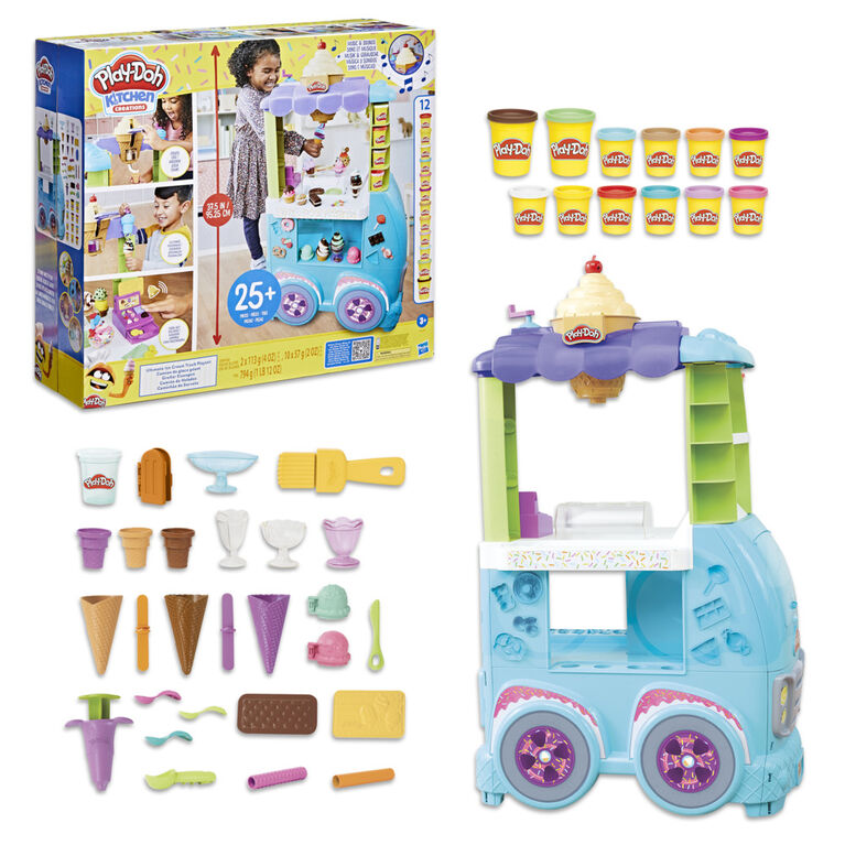 Play-Doh Kitchen Creations Ultimate Ice Cream Truck Playset, Jumbo Kitchen Food Truck Toy for Kids 3 Years and Up with 27 Accessories, 12 Cans, Realistic Sounds, Non-Toxic
