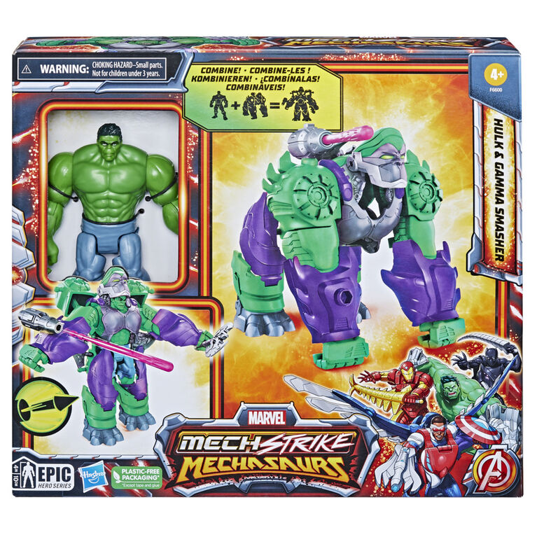 Marvel Mech Strike Mechasaurs 4.5 Inch Hulk with Gamma Smasher Mechasaur Action Figures, Super Hero Toys