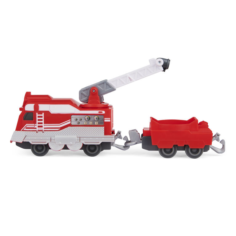 Mighty Express, Petit train Push and Go Rick le pompier avec wagon de cargaison, jouets pour enfants à partir de 3 ans