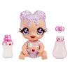 GLITTER BABYZ Lila Wildboom Baby Doll with 3 magical color changes/ lavender purple hair doll with flowers on the outfit and reusable diaper, bottle and pacifier
