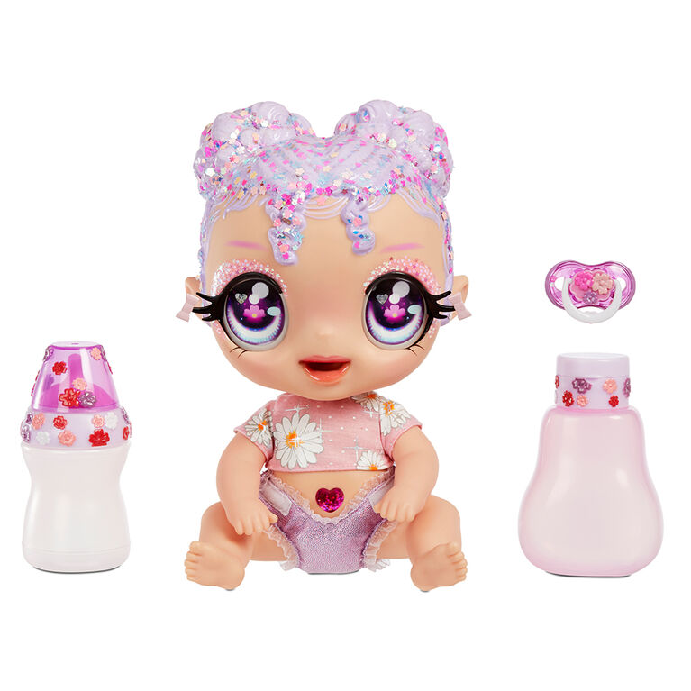 GLITTER BABYZ Lila Wildboom Baby Doll with 3 magical color changes/ lavender purple hair doll with flowers on the outfit and reusable diaper, bottle and pacifier